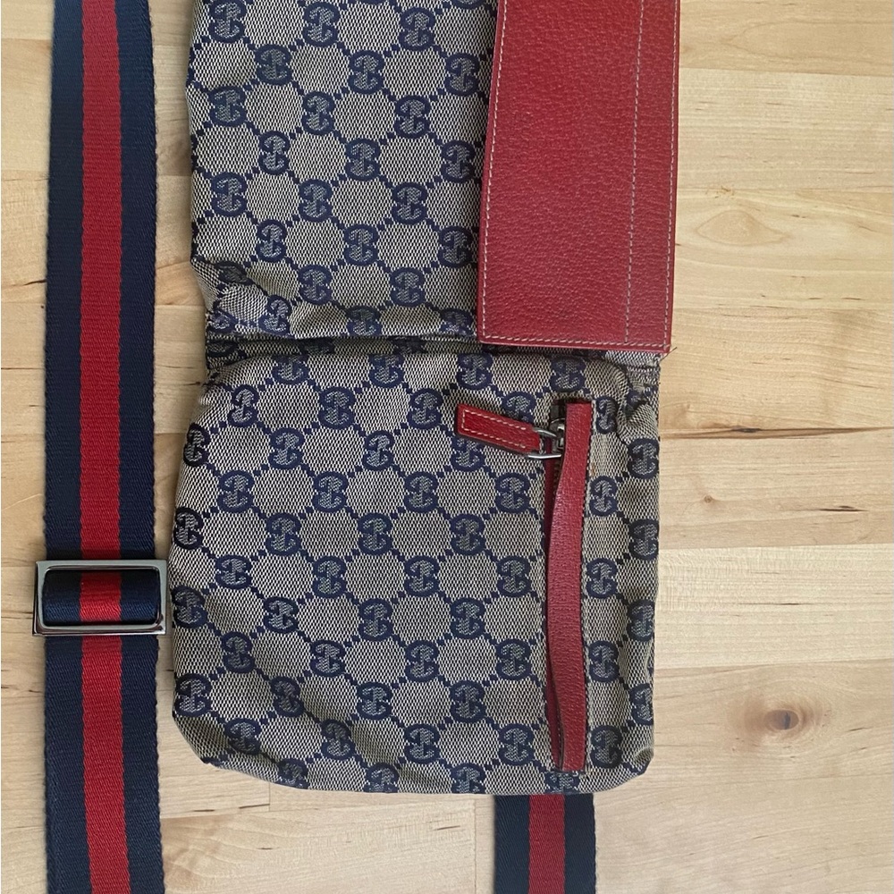 Gucci Rec & Navy Monogram Belt Bag with Red Trim